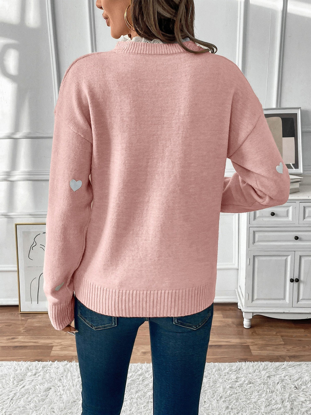 Hester heart print knit jumper with lace V neck – image 4