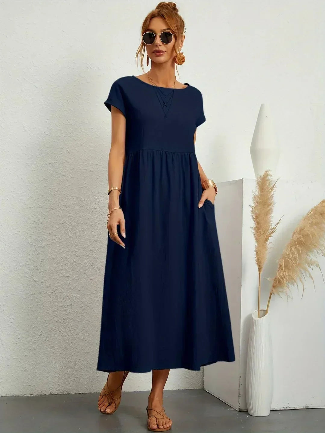 Isobel Elegant Gathered Waist Pleated Midi Dress - image 3