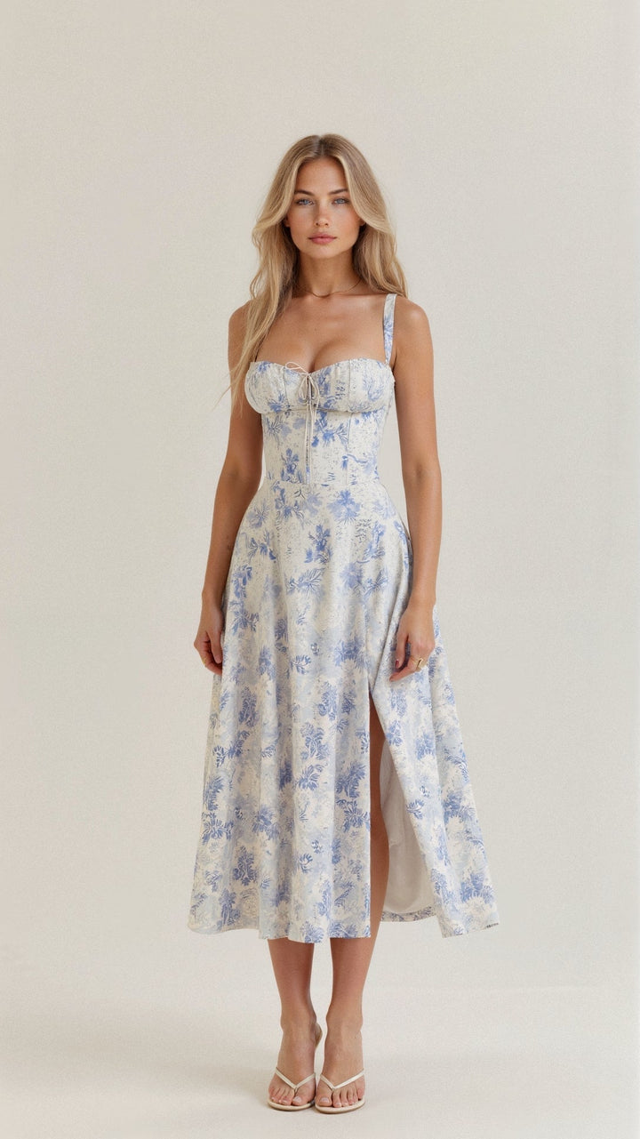 Yvonne sweetheart neck flared midi dress
