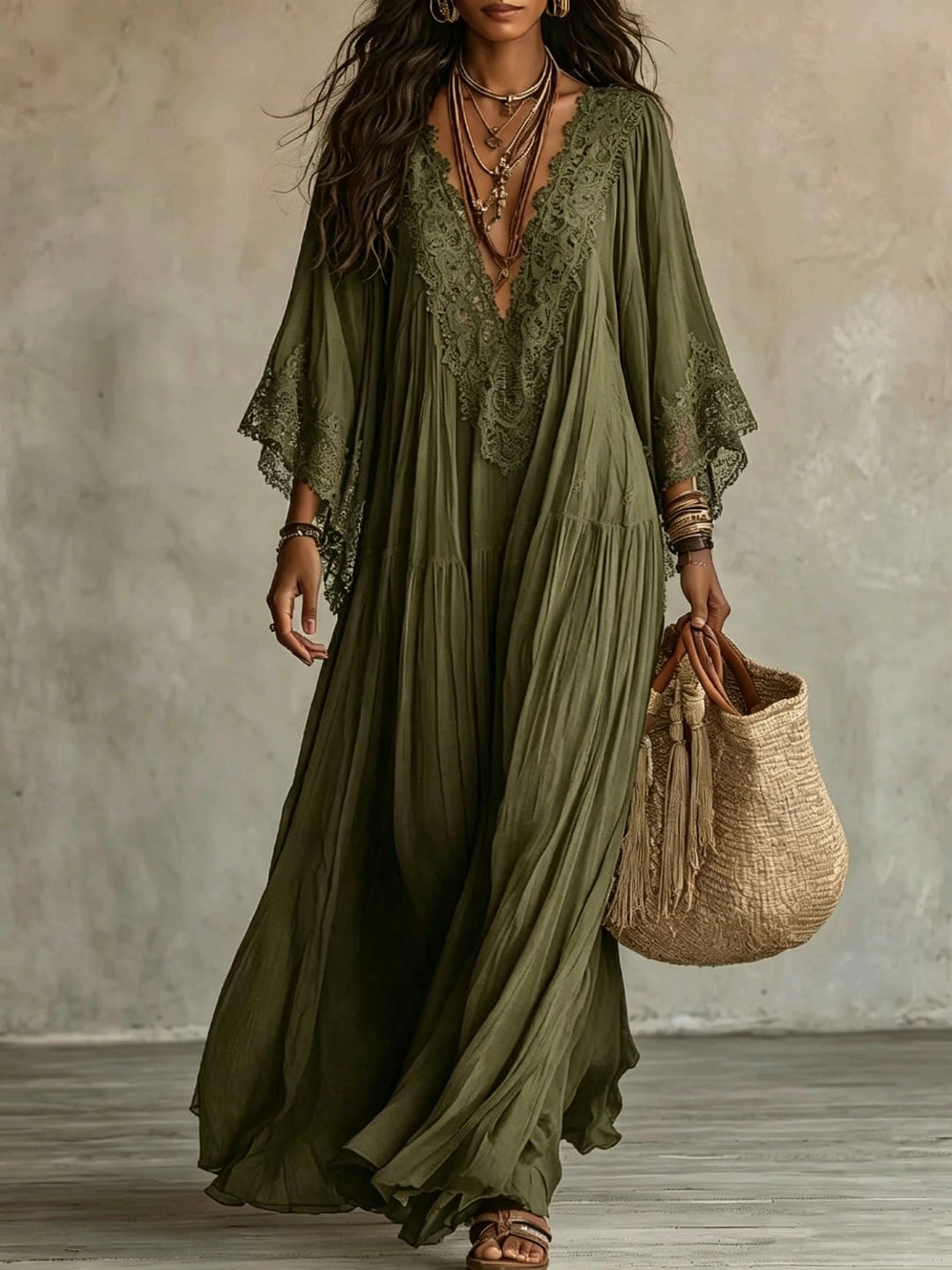 Ffion Elegant V Neck Maxi Dress with Lace Trim - image 3