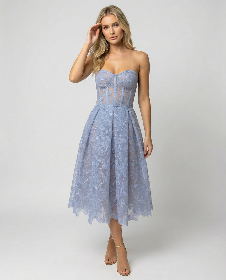 Carmen strapless lace corset midi dress