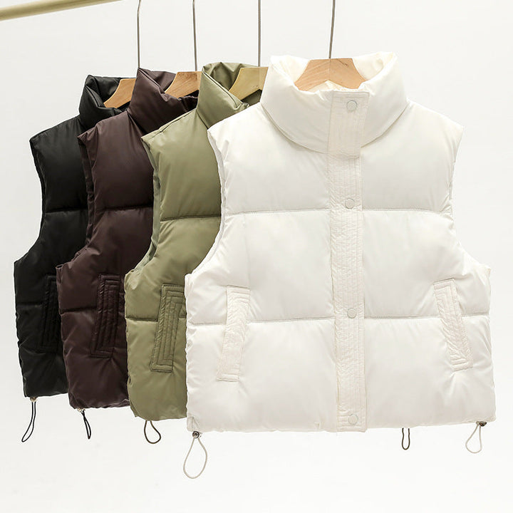 Acacia stand collar quilted gilet with drawstring hem