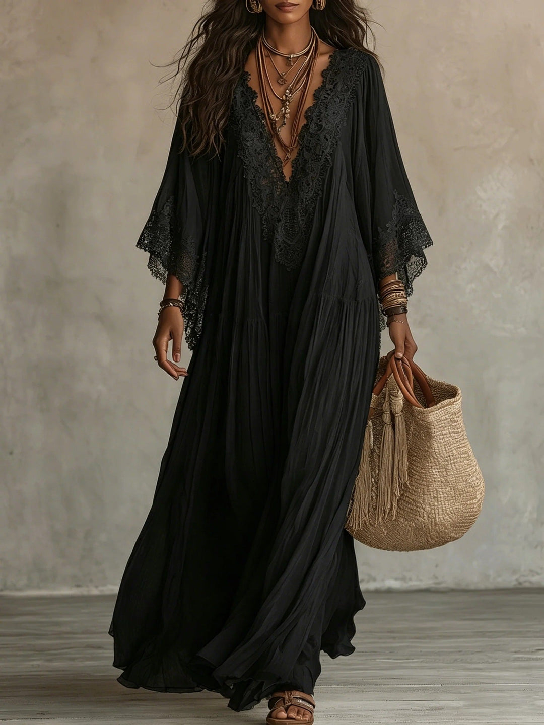 Ffion Elegant V Neck Maxi Dress with Lace Trim - image 9