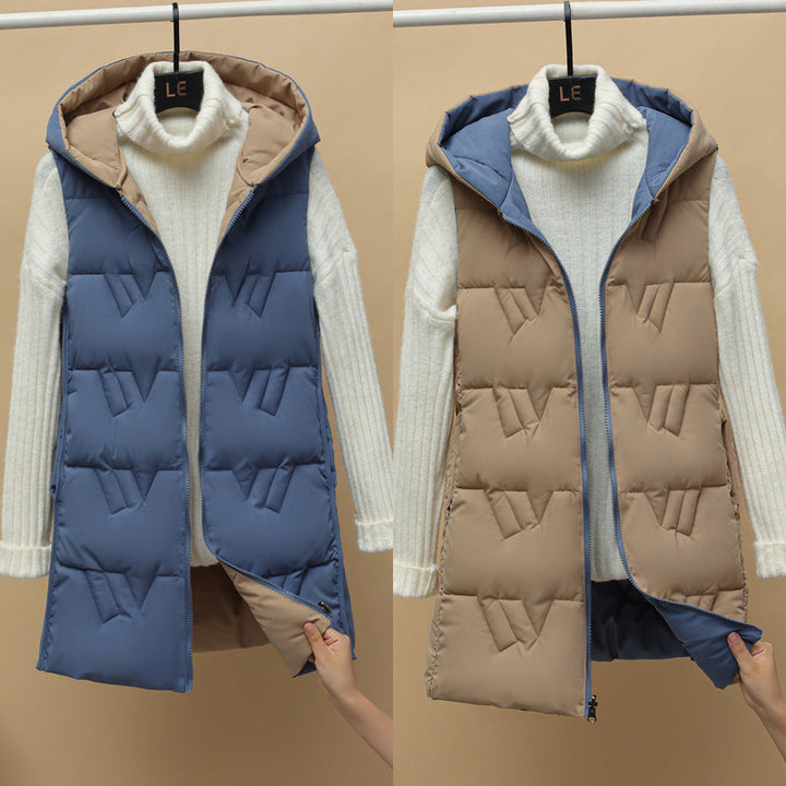Lamorna long quilted hooded gilet with zip front