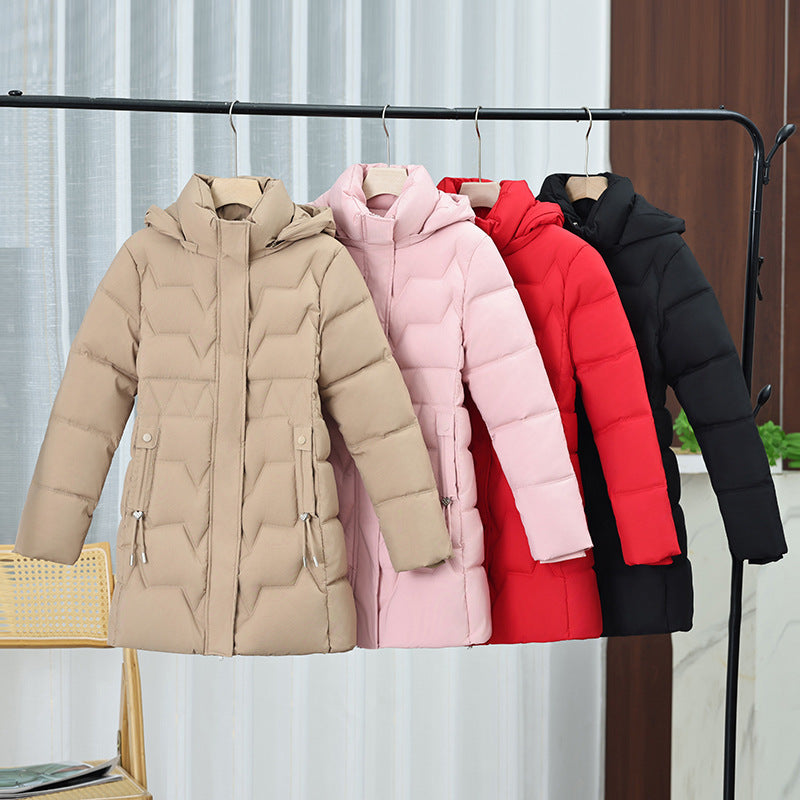 Ysella mid length hooded quilted coat with drawstring waist