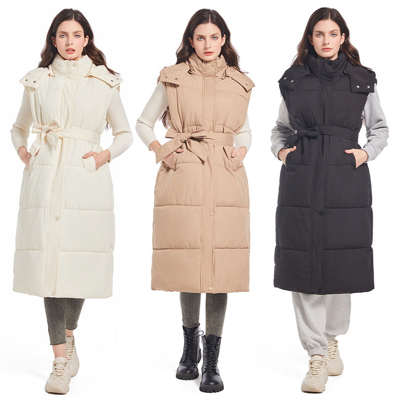Kerensa belted long quilted gilet with hood – image 2