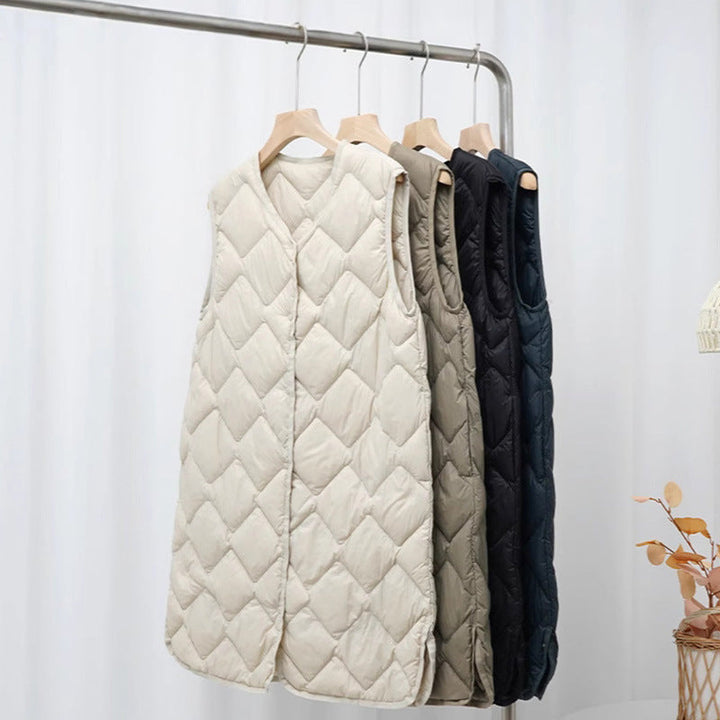 Gladys long diamond quilted v neck gilet
