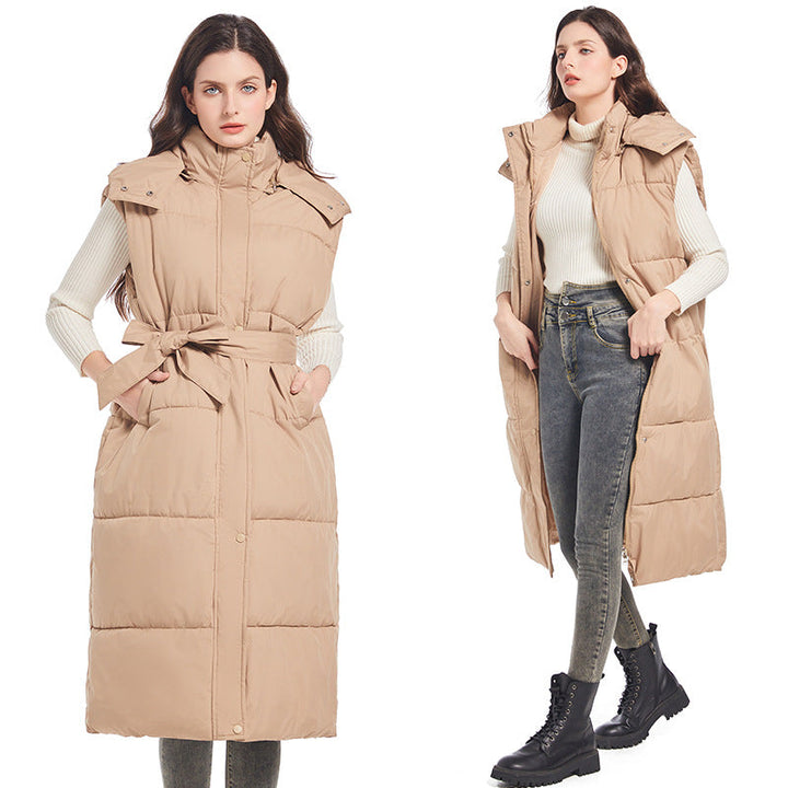 Kerensa belted long quilted gilet with hood