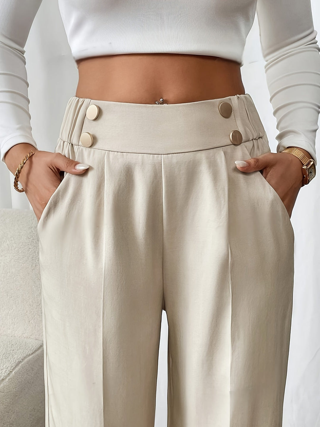 Lucinda Elegant High Waist Wide Leg Trousers with Button Detail - image 4