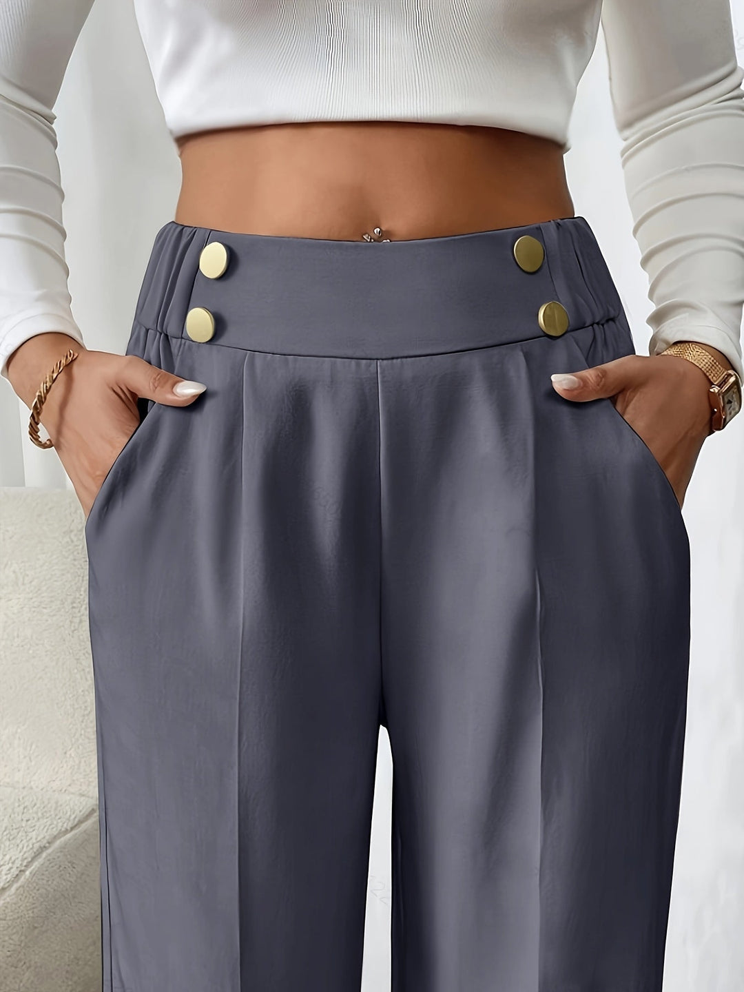Lucinda Elegant High Waist Wide Leg Trousers with Button Detail - image 8
