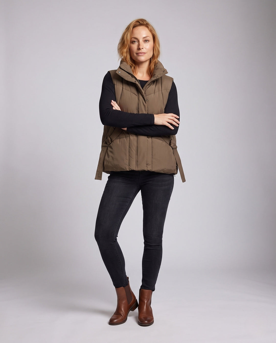 Luciana high collar quilted gilet with waist tie
