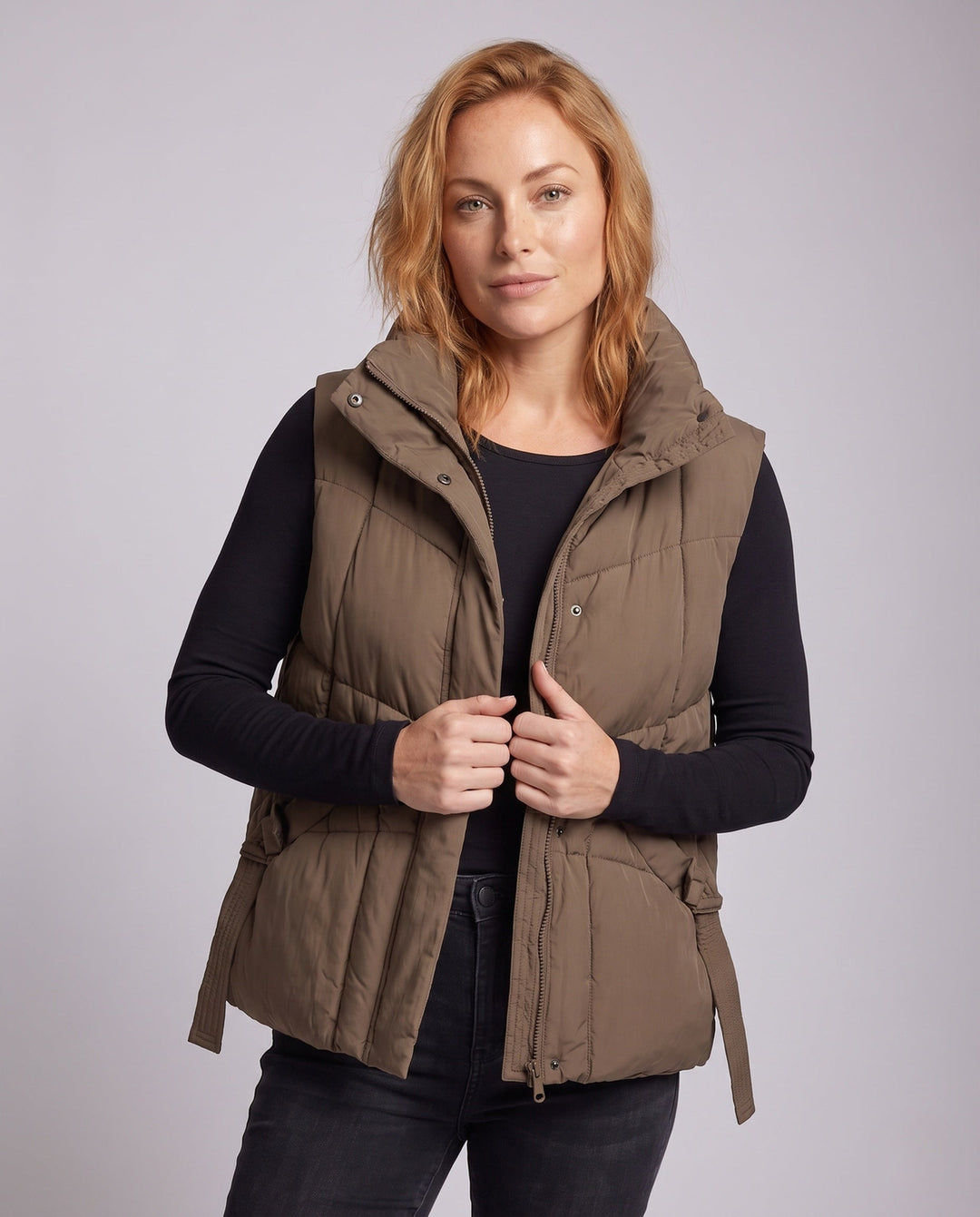 Luciana high collar quilted gilet with waist tie – image 2