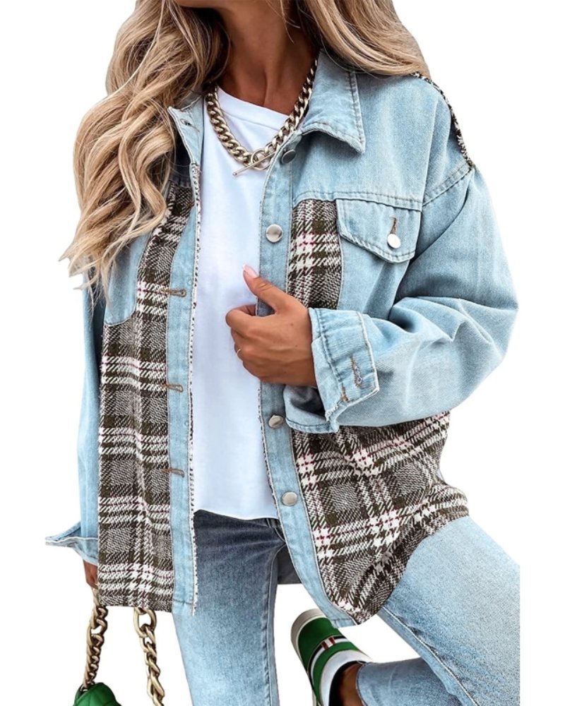 Saar relaxed denim shacket with plaid panels – image 7