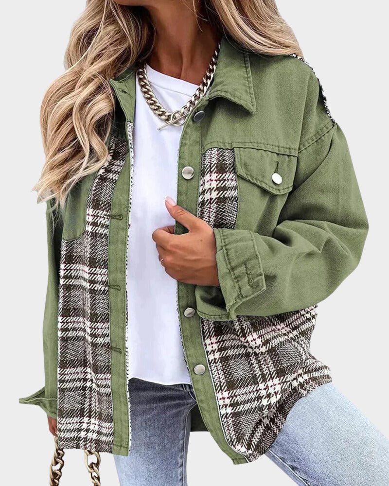 Saar relaxed denim shacket with plaid panels