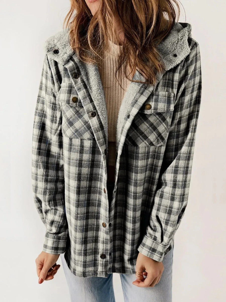 Gerda check flannel shacket with sherpa lined hood – image 2