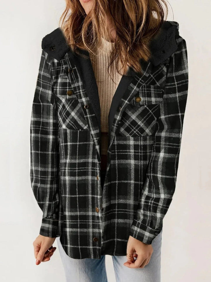 Gerda check flannel shacket with sherpa lined hood – image 3