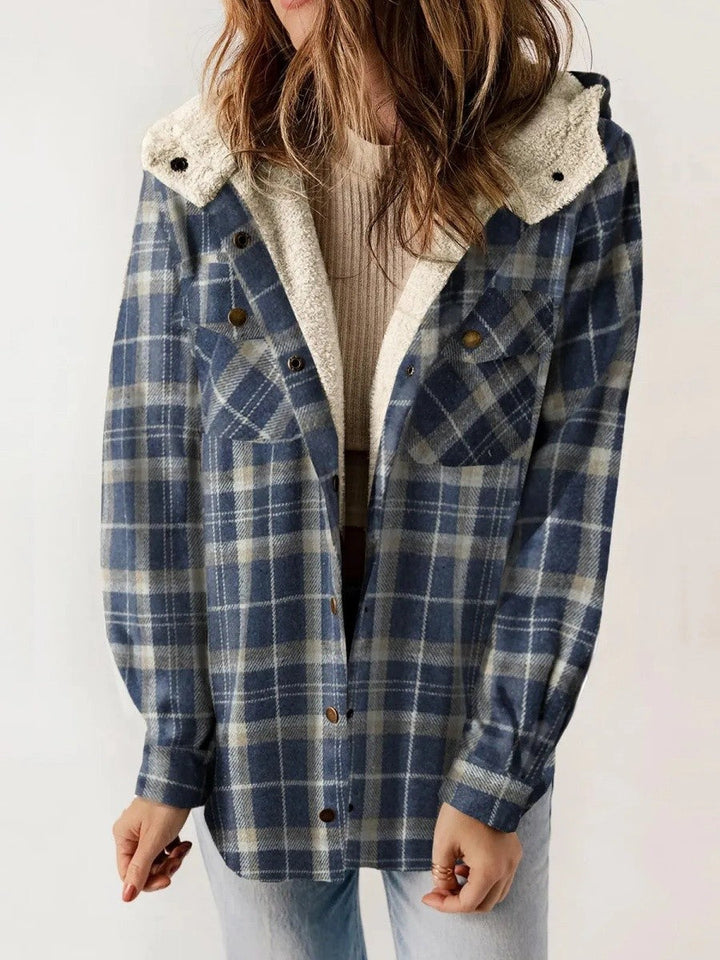Gerda check flannel shacket with sherpa lined hood – image 4