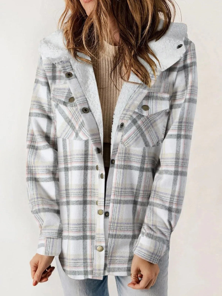 Gerda check flannel shacket with sherpa lined hood – image 5