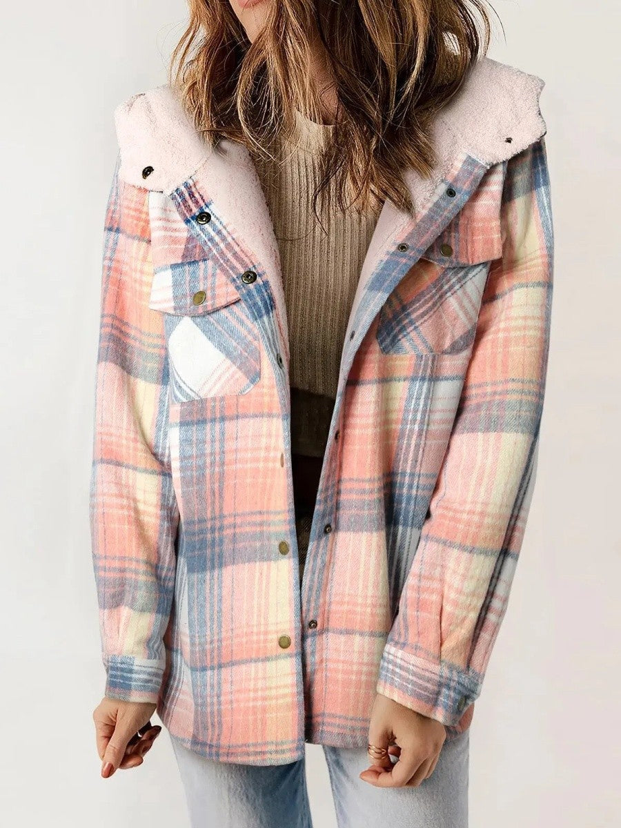 Gerda check flannel shacket with sherpa lined hood – image 7