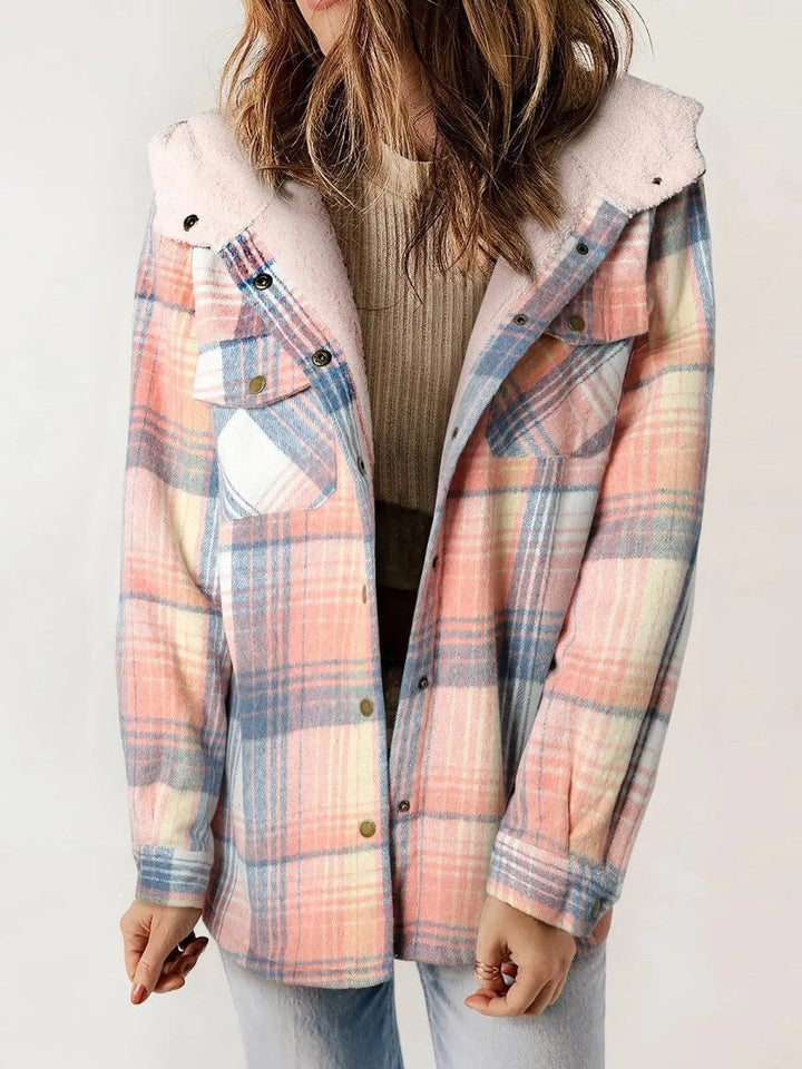 Gerda check flannel shacket with sherpa lined hood – image 7