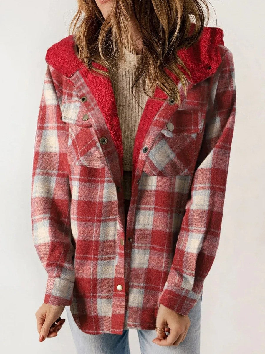 Gerda check flannel shacket with sherpa lined hood – image 8