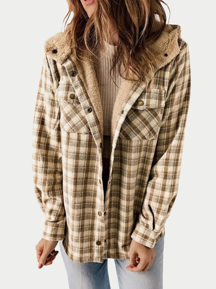 Gerda check flannel shacket with sherpa lined hood
