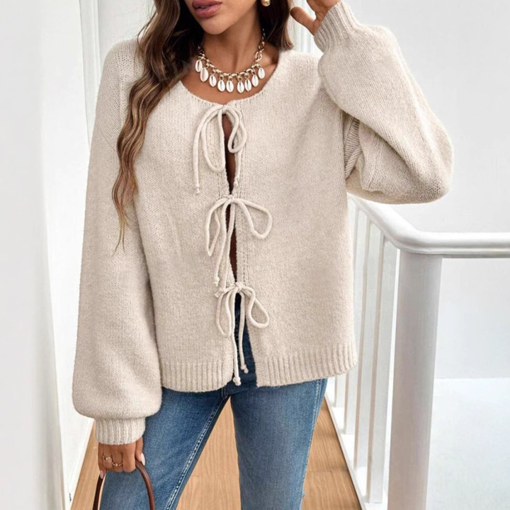 Rosalie tie front knit cardigan with puff sleeves – image 2