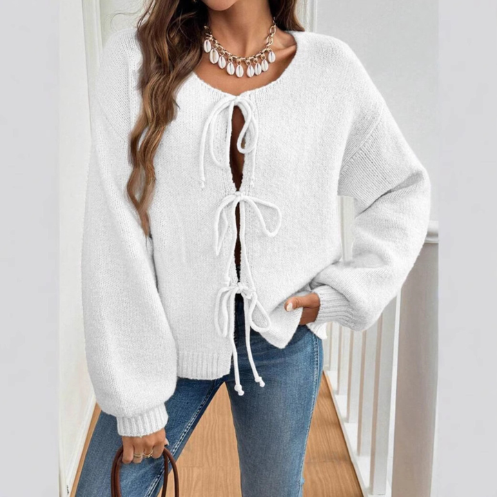 Rosalie tie front knit cardigan with puff sleeves – image 3