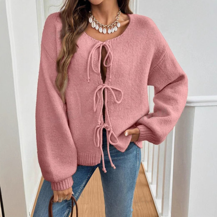 Rosalie tie front knit cardigan with puff sleeves