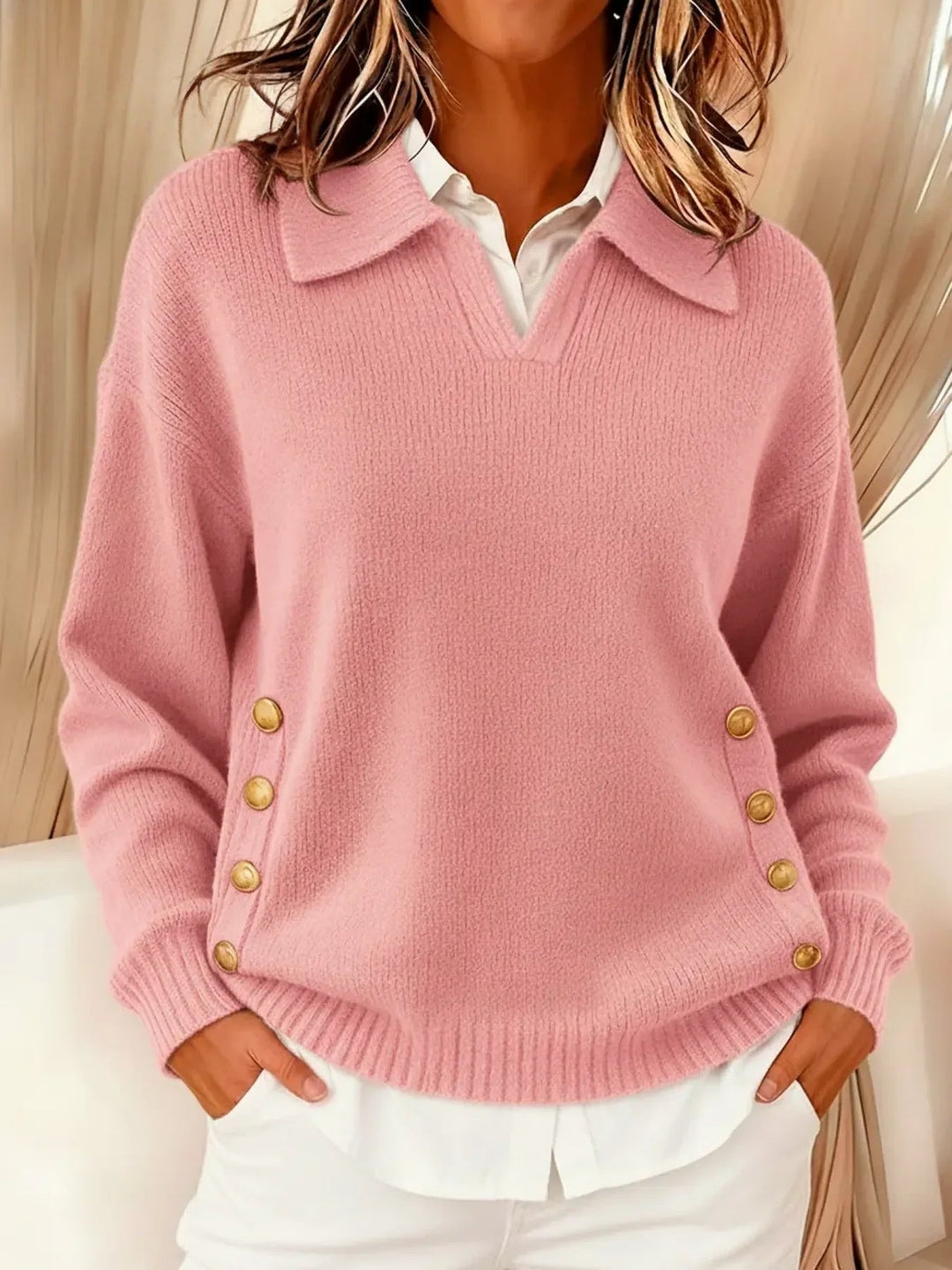 Maren polo collar knit jumper with gold buttons – image 2