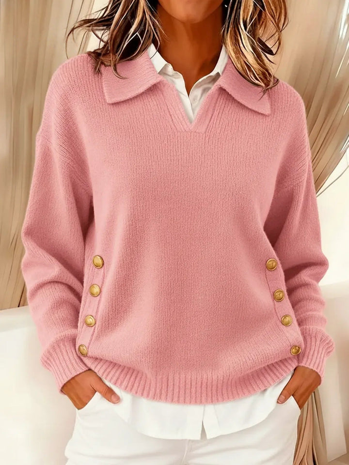 Maren polo collar knit jumper with gold buttons – image 2