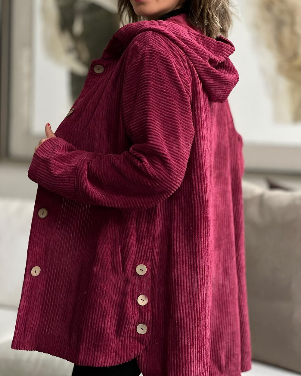 Wieke hooded corduroy jacket with wooden buttons – image 2