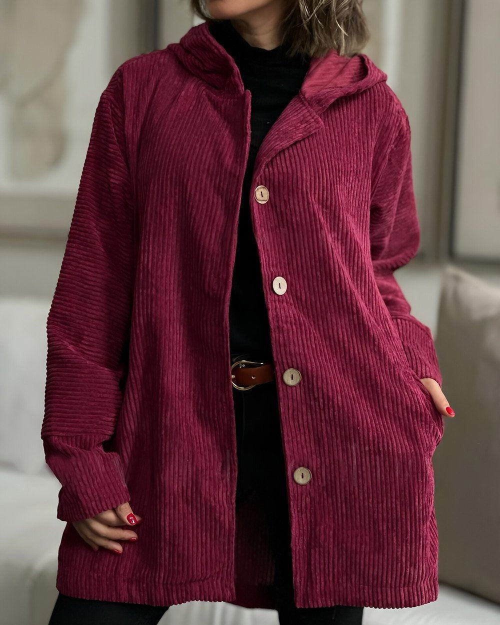Wieke hooded corduroy jacket with wooden buttons