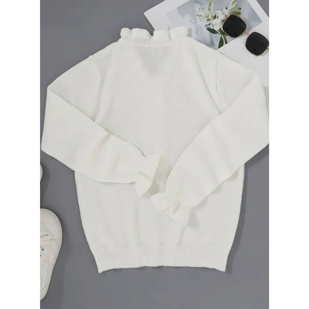 Roswitha white ruffle cardigan, front view