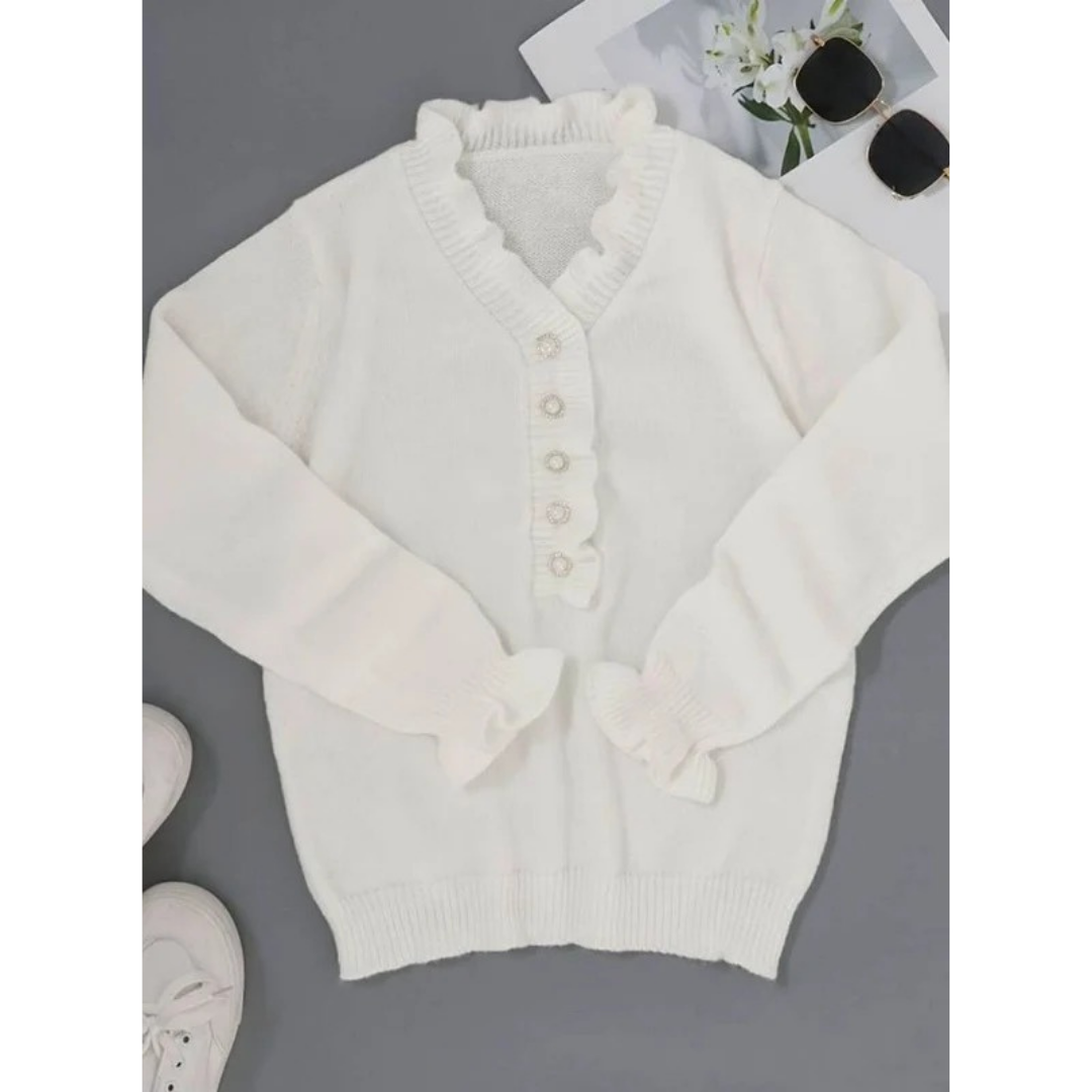 Roswitha white ruffle cardigan with V neck