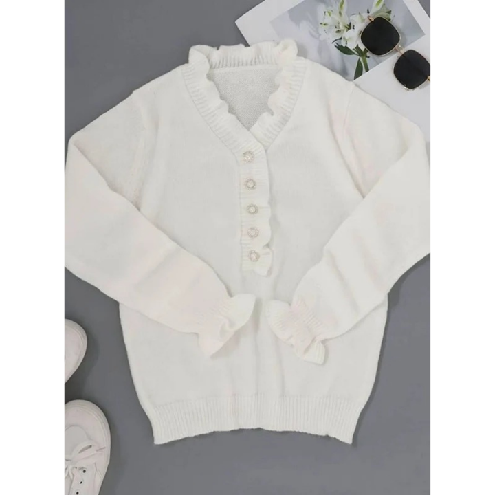 Roswitha white ruffle cardigan with V neck
