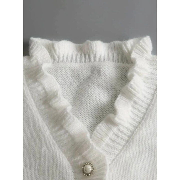 Roswitha white ruffle cardigan, back view