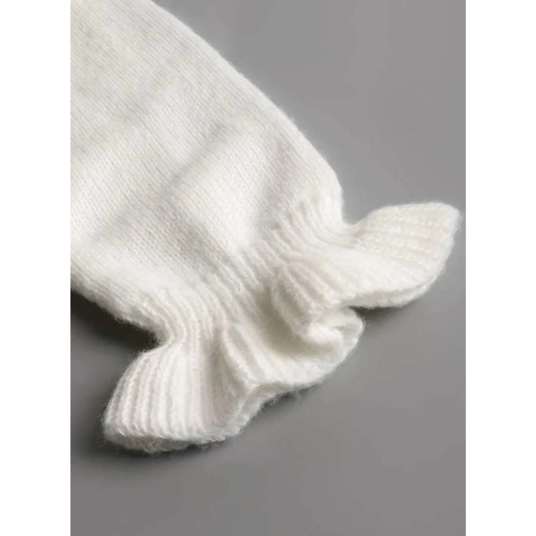 Roswitha white ruffle cardigan, side view