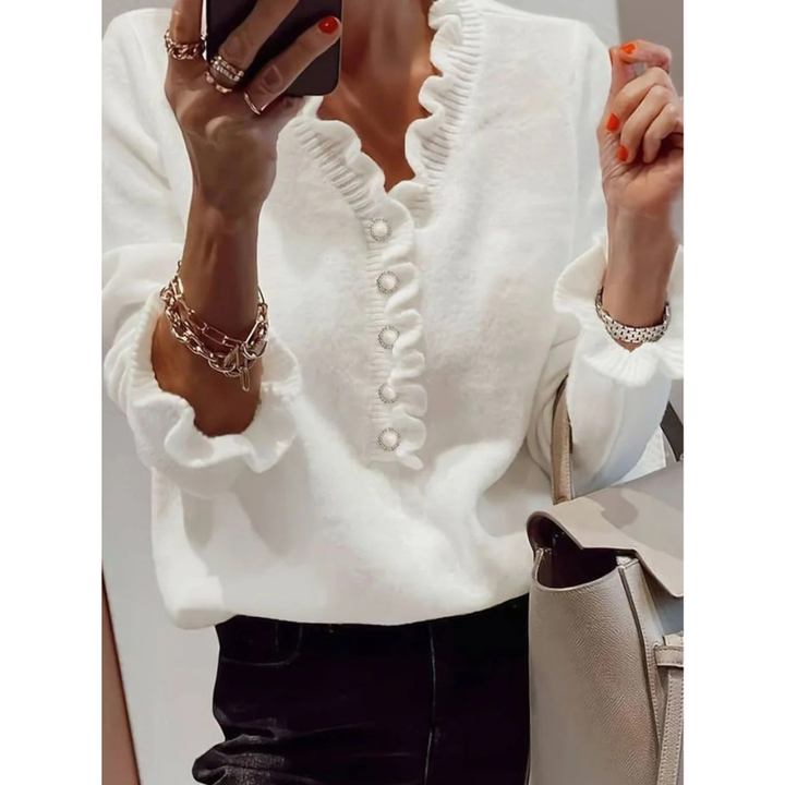 Roswitha white ruffle cardigan, fabric detail