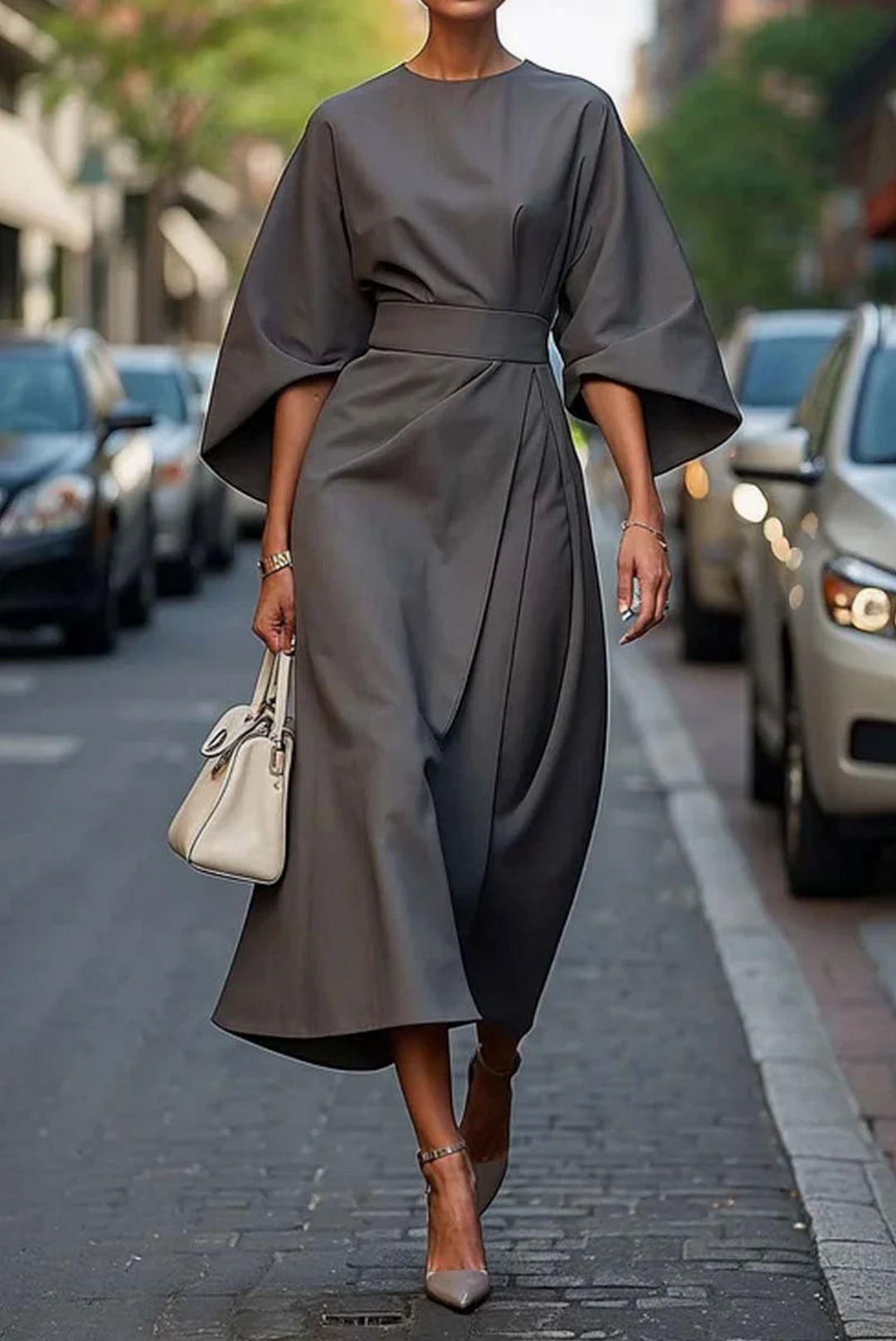 Maeva belted lantern sleeve midi dress – image 6