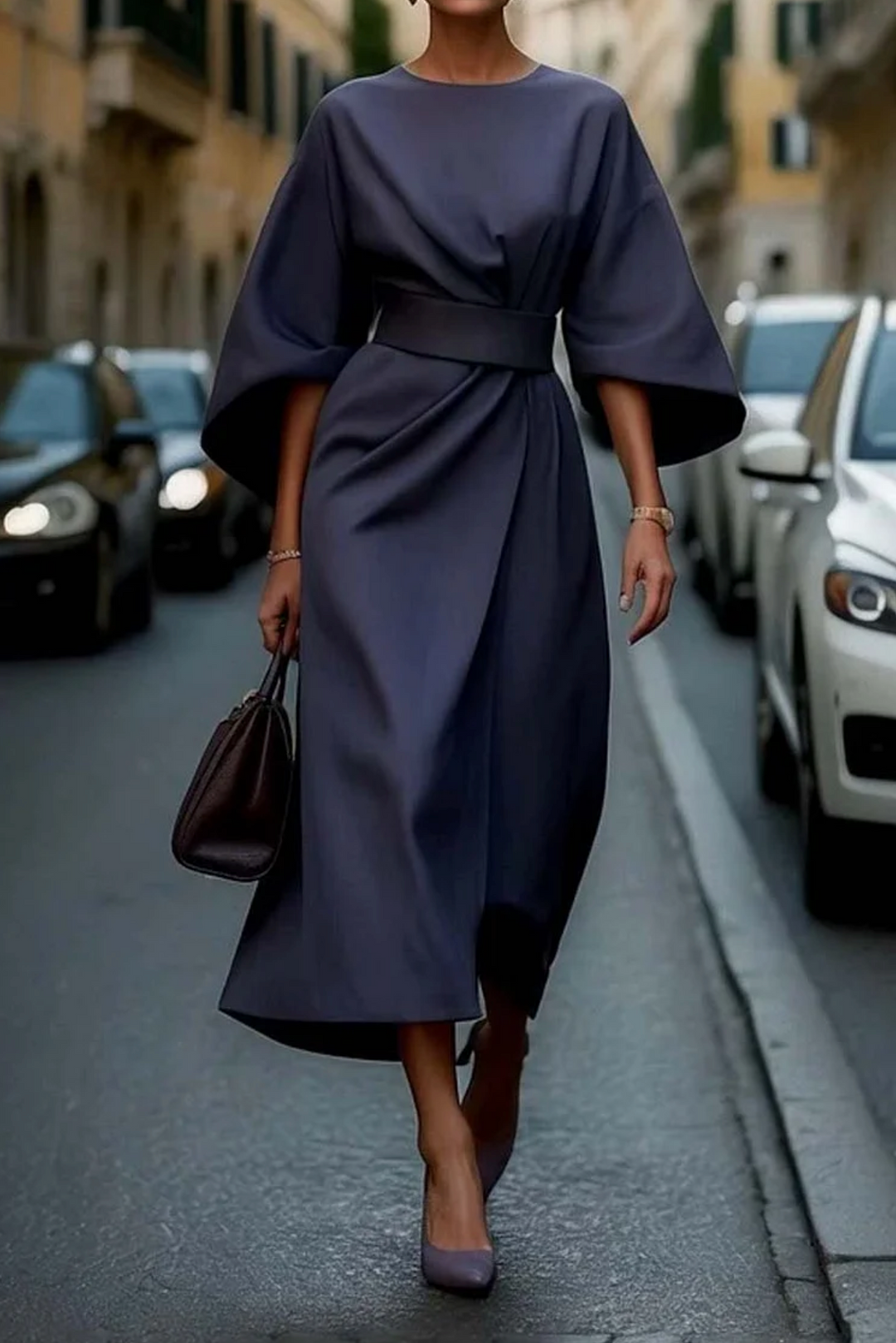 Maeva belted lantern sleeve midi dress – image 2