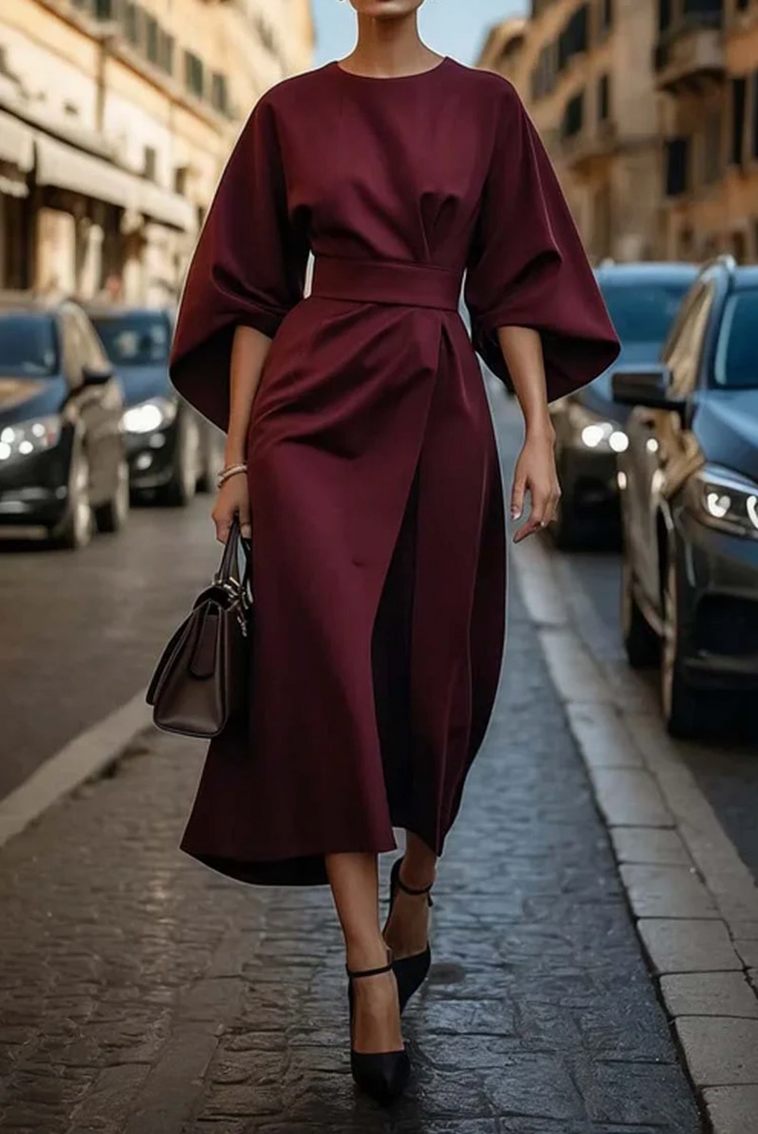 Maeva belted lantern sleeve midi dress – image 3