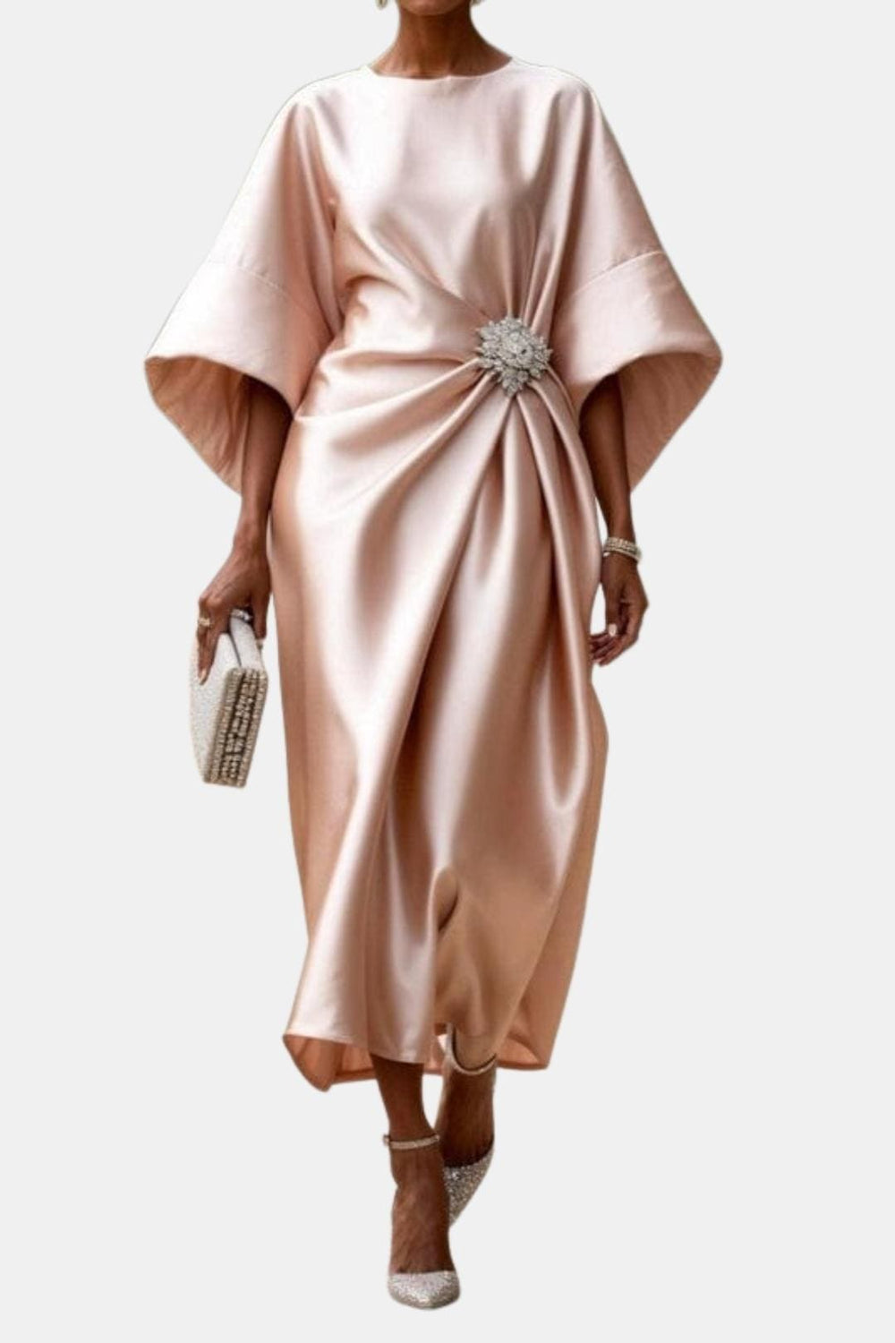 Phoebe wide sleeve evening dress with brooch – image 2