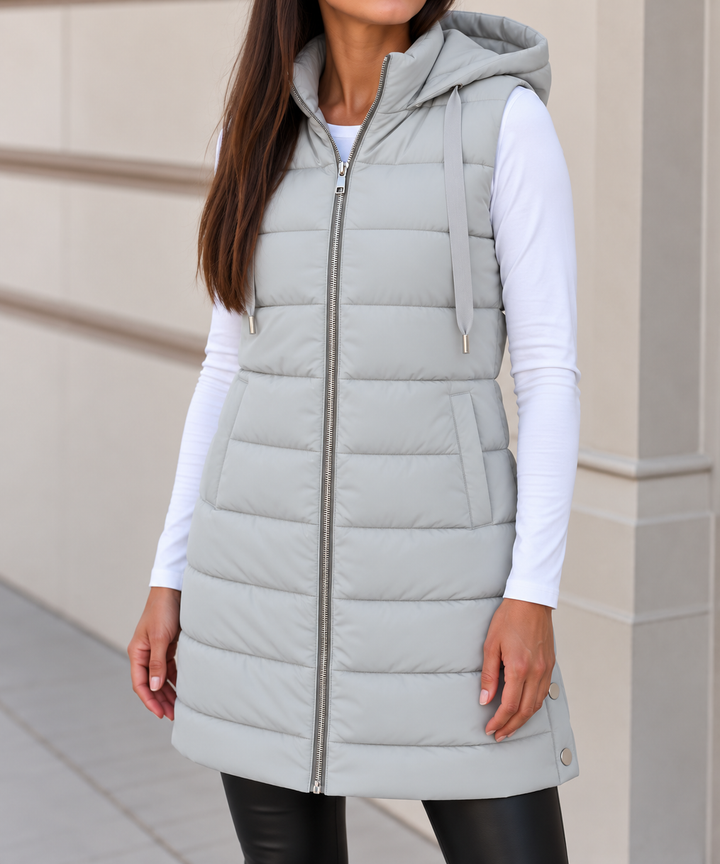 Merryn long hooded puffer gilet with snap hem – image 10