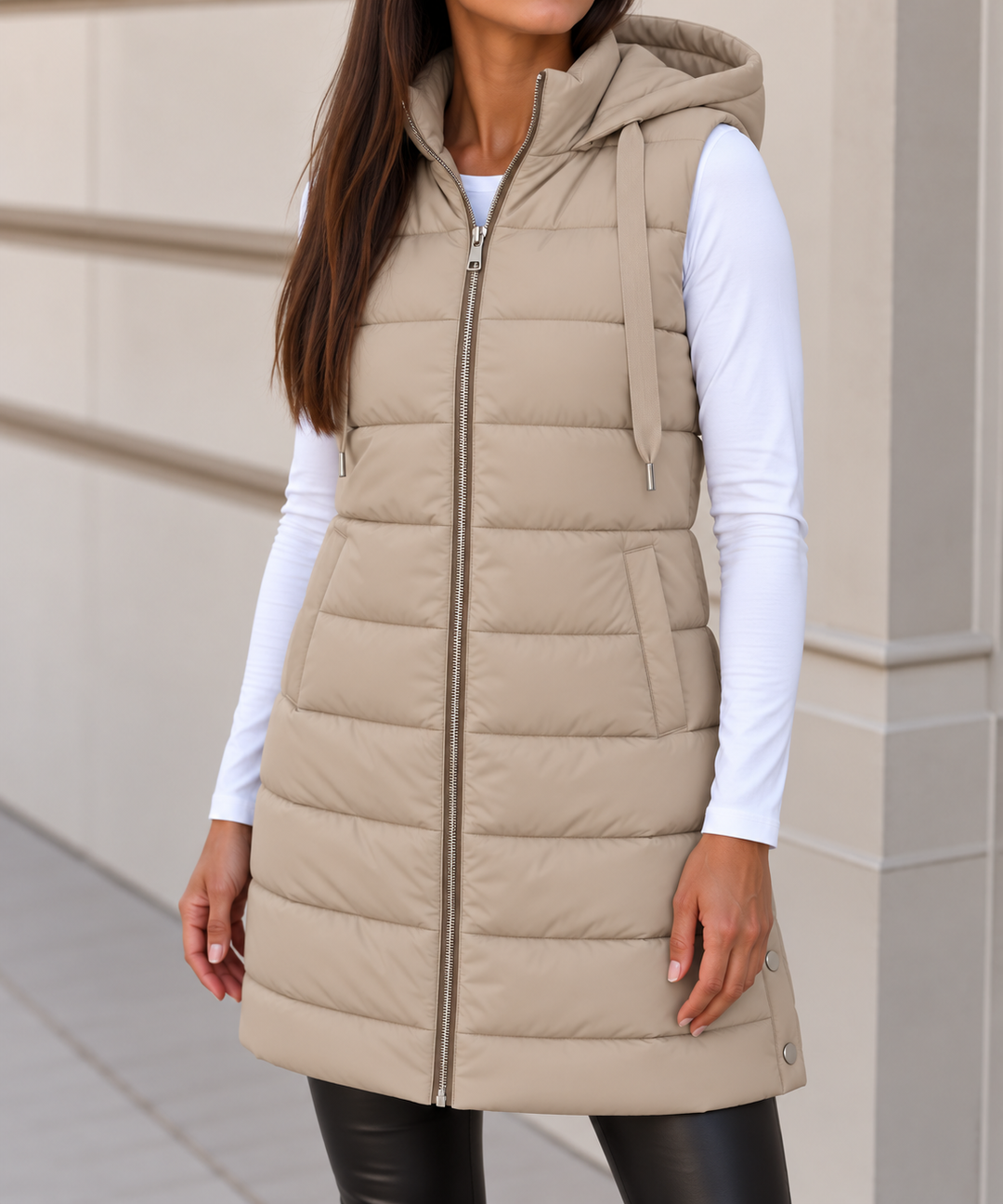 Merryn long hooded puffer gilet with snap hem – image 11