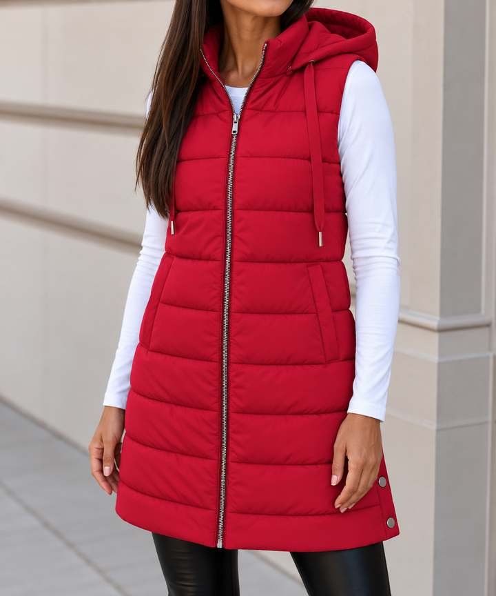Merryn long hooded puffer gilet with snap hem – image 12