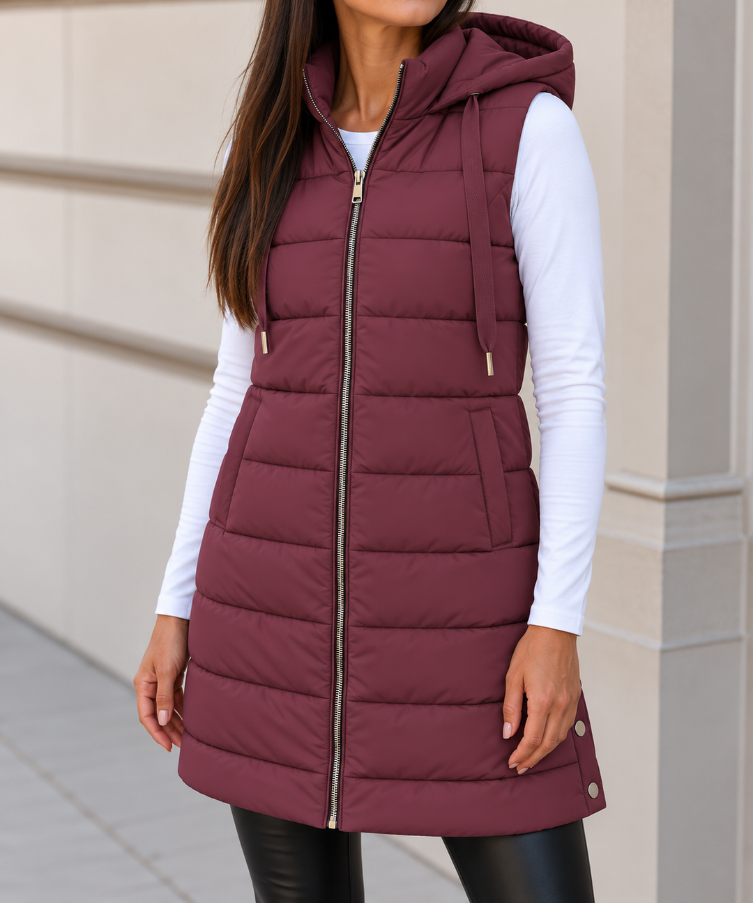 Merryn long hooded puffer gilet with snap hem – image 13