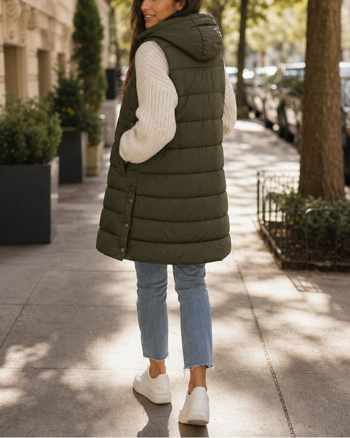 Merryn long hooded puffer gilet with snap hem – image 3