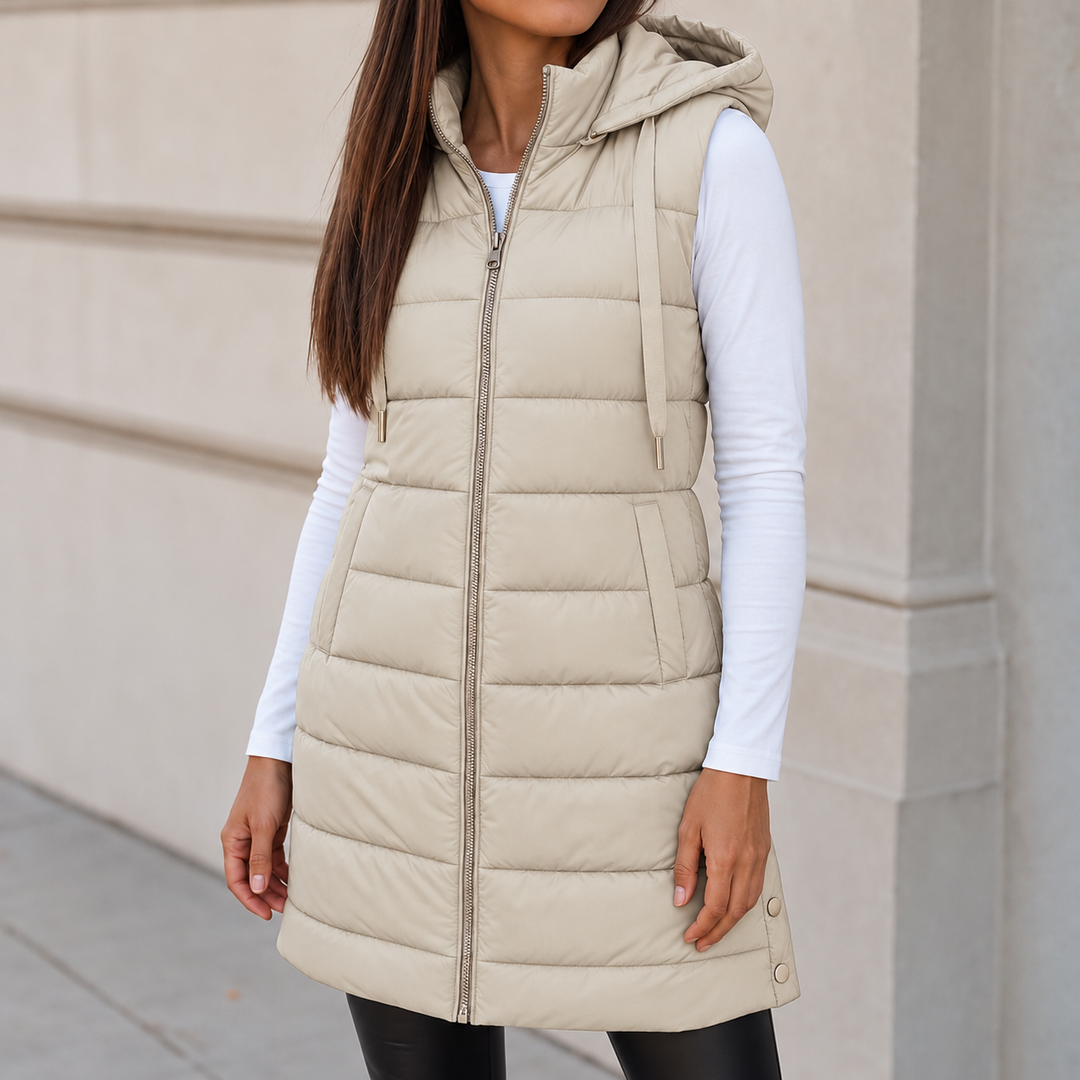 Merryn long hooded puffer gilet with snap hem – image 4