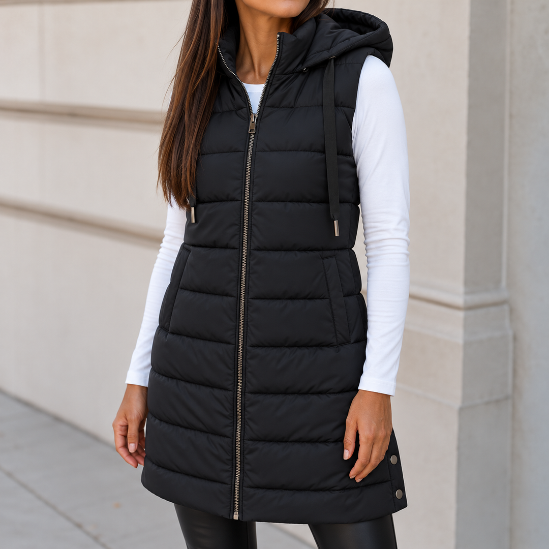 Merryn long hooded puffer gilet with snap hem – image 5